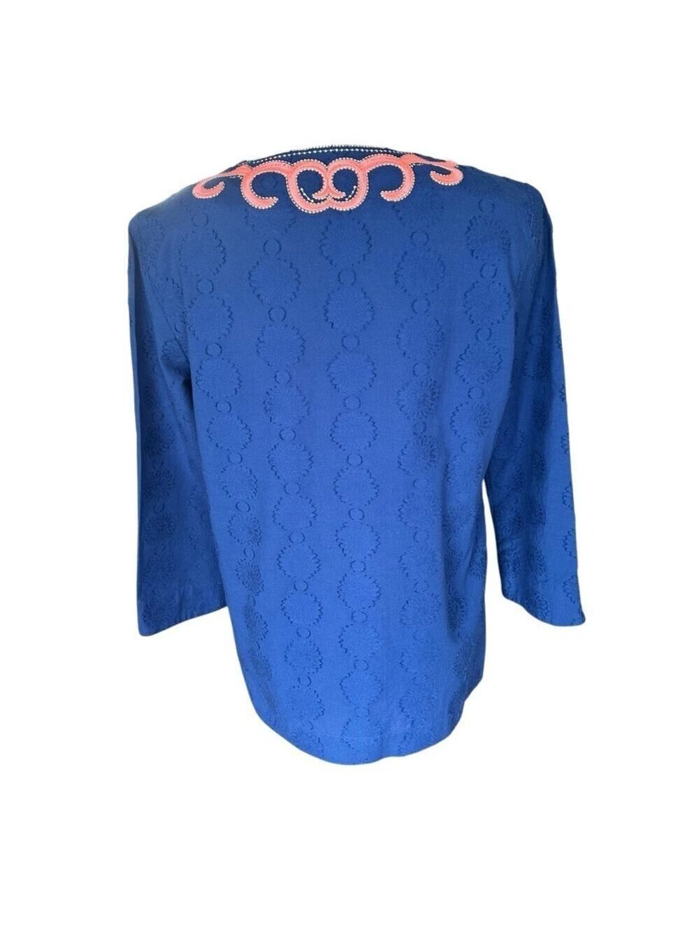 Lilly Pulitzer Amelia Island V Neck Tunic Top Navy Blue Beaded Coral Pink Med - Picture 3 of 10